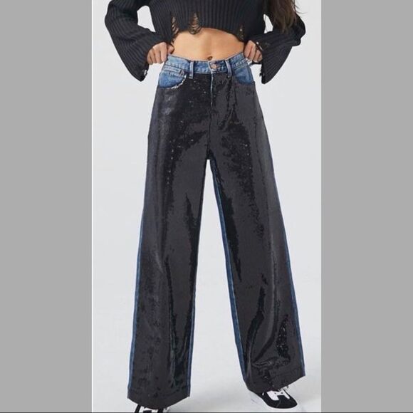 Bdg urban Outfitters High + Wide High Rise Sequin Embellished Denim Jeans - Picture 1 of 10